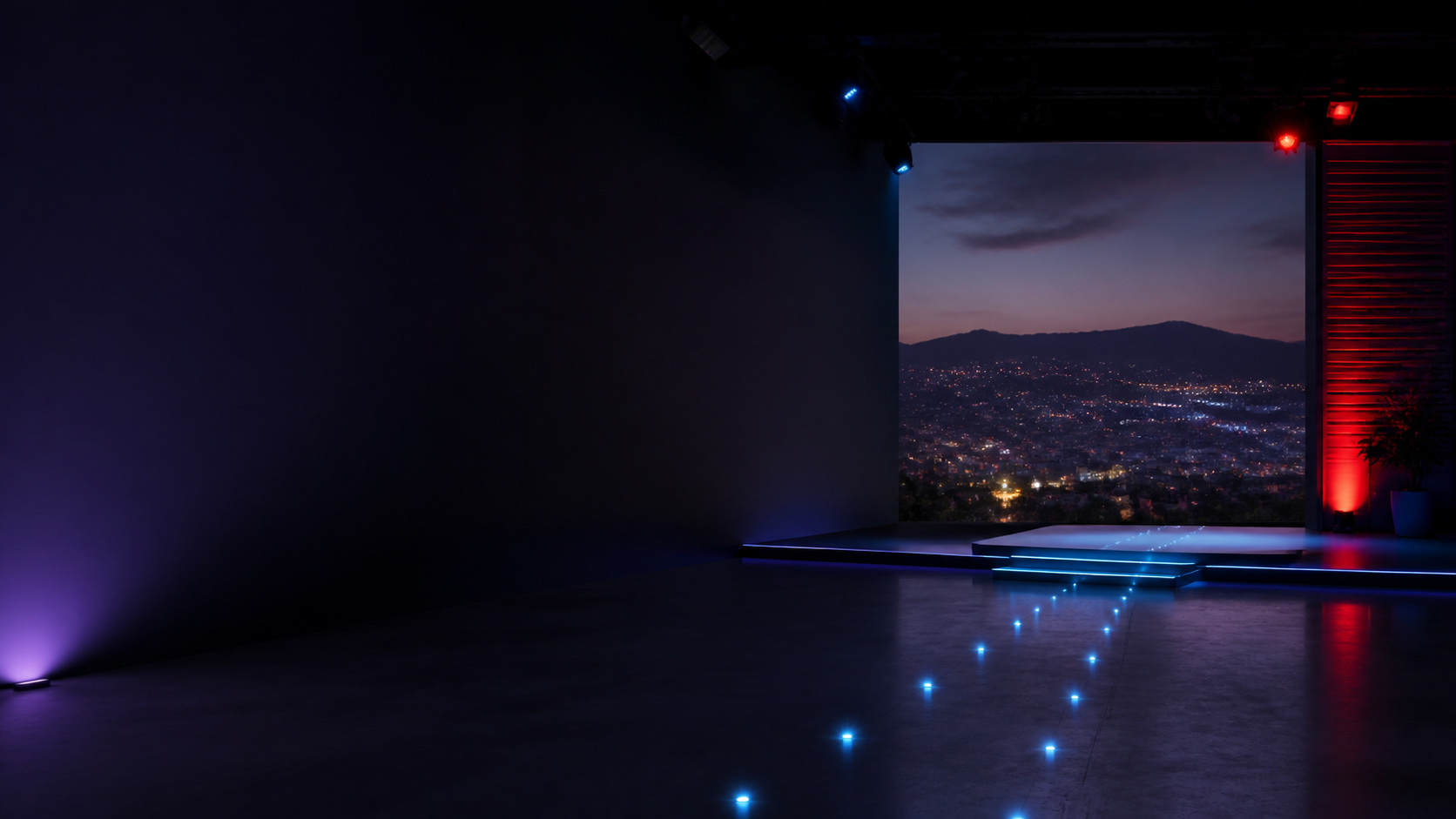 A cinematic interactive webinar stage overlooking Santa Clarita